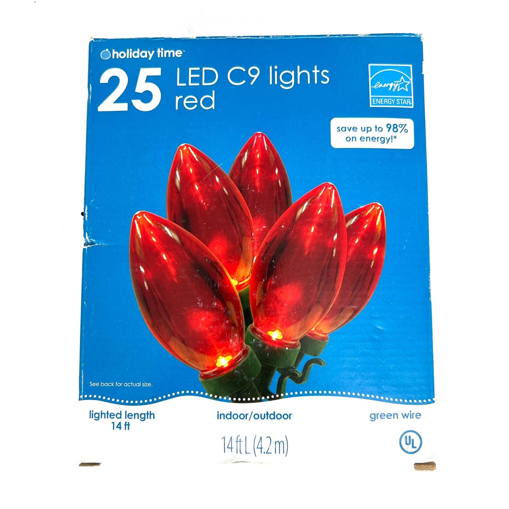 Holiday Time 25 LED C9 Christmas Lights Red Indoor Outdoor Green Wire 14ft